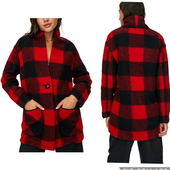 Aritzia Jackets & Blazers - Aritzia Wilfred Free Off-Duty Jacket Red Black Buffalo Check Plaid Wool Size XXS
